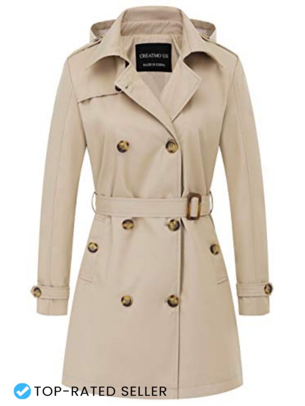Women's Trench Coat Double-Breasted Belted Overcoat with Detachable Hood